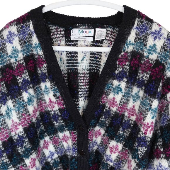 Vintage 80s Fuzzy Mohair Wool Hand Loomed Check Dolman Cardigan Sweater Size L - Picture 5 of 6